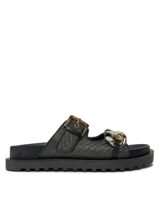 Schwarze Riemchensandalen mit goldener Schnalle