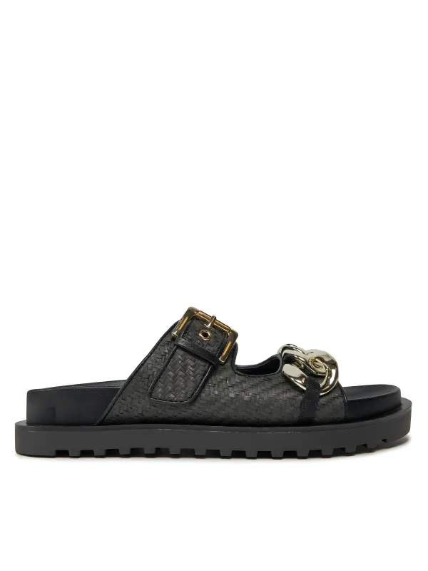 Schwarze Riemchensandalen mit goldener Schnalle