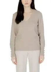 Beiger V-Ausschnitt Pullover mit Knöpfen