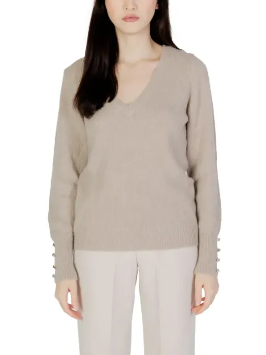 Beiger V-Ausschnitt Pullover mit Knöpfen