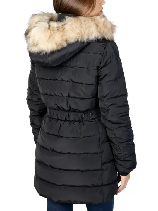 Schwarze Winterjacke mit Kunstpelzrand