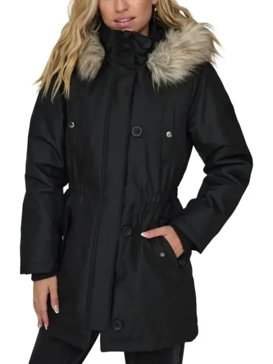 Schwarze Winterjacke mit Kunstfellkapuze