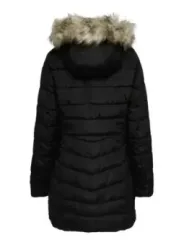 Schwarze Winterjacke mit Kunstpelz.