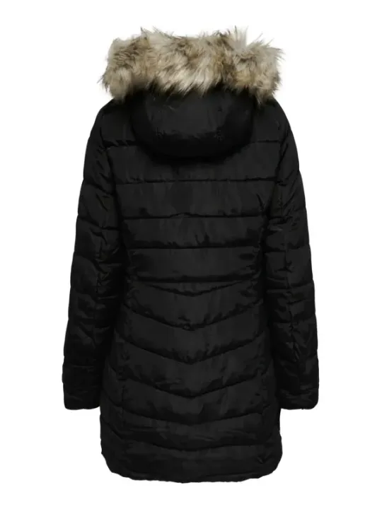 Schwarze Winterjacke mit Kunstpelz.