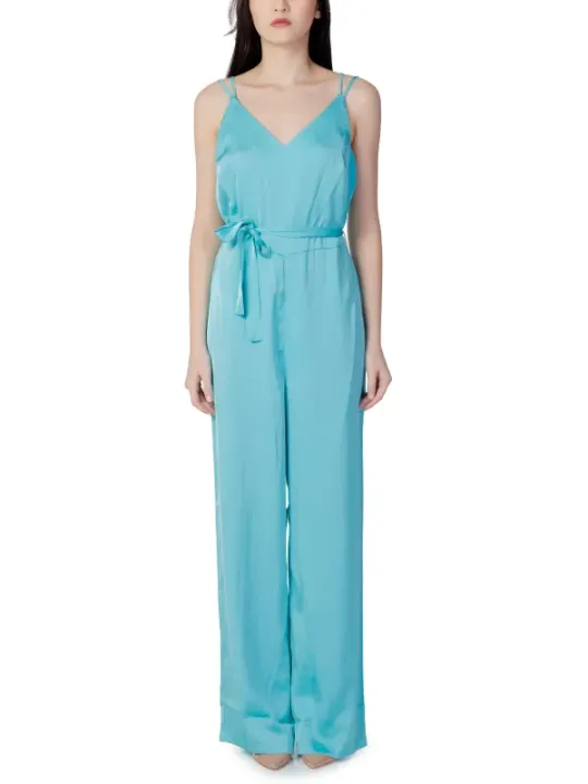 Hellerblauer V-Ausschnitt Spaghetti-Jumpsuit mit Gürtel