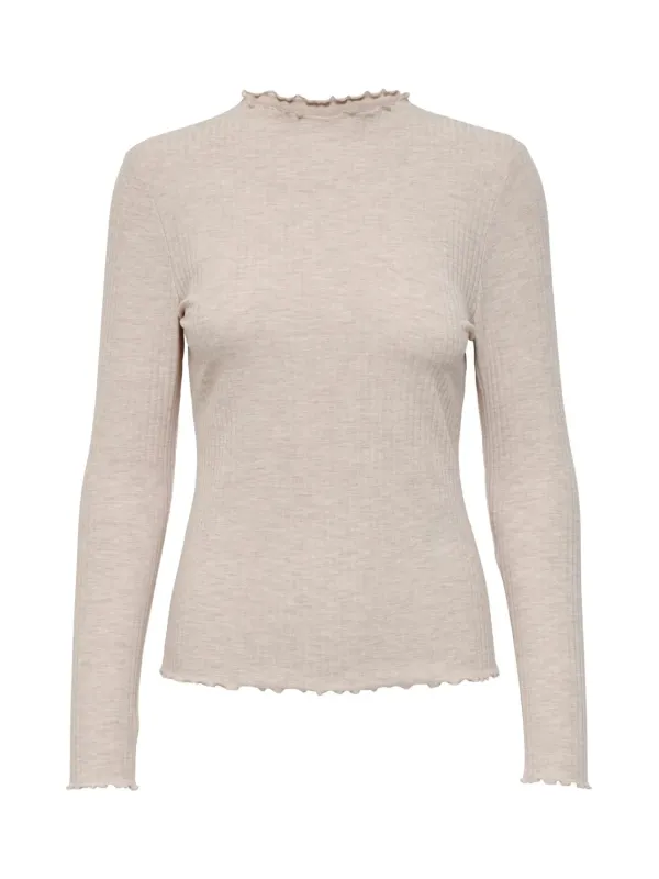 Geripptes Langarm-Rollkragenoberteil Beige