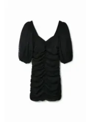 Schwarzes Punktmuster kurzes Rüschenkleid Desigual