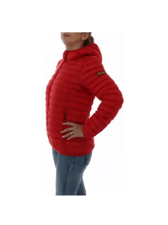 Rote Damen-Pufferjacke mit Kapuze