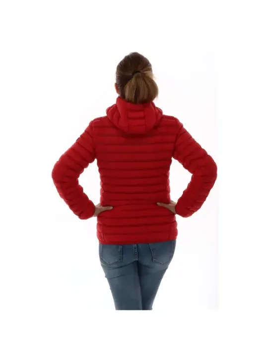 Rote Damen-Pufferjacke mit Kapuze