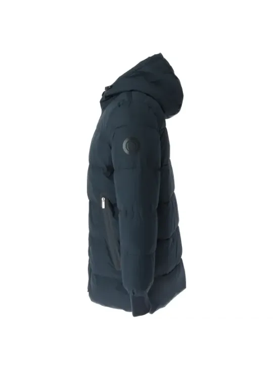 Schwarze, glänzende Daunenjacke mit Kapuze