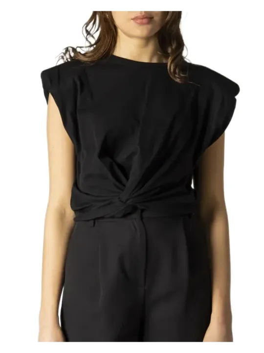 Schwarzes Baumwoll-Top mit Knoten vorne