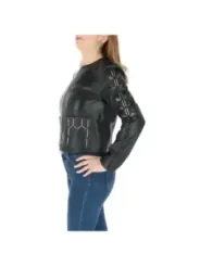 Schwarze Lederjacke mit geometrischen Nähten