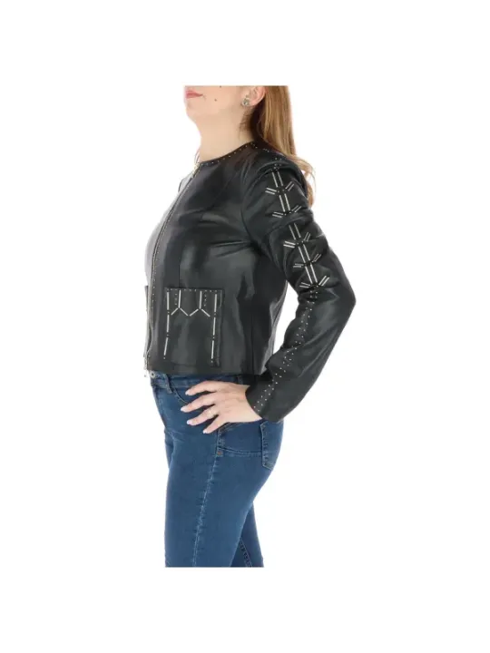 Schwarze Lederjacke mit geometrischen Nähten