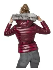 Burgunderfarbener, gepolsterter Mantel aus Kunstfell