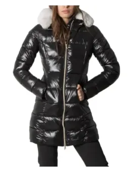 Schwarze, glänzende Daunenjacke mit Kapuze