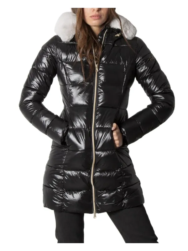 Schwarze, glänzende Daunenjacke mit Kapuze