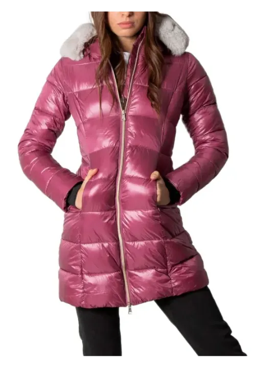 Pinke Daunenjacke mit Kunstfellkapuze